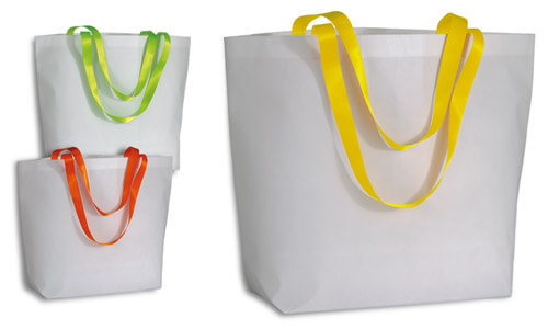 Shopper tnt laminata corpo bianco manici fluo Shopper tnt laminata corpo bianco manici fluo