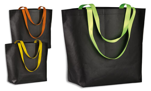 Shopper tnt laminata corpo nero manici fluo Shopper tnt laminata corpo nero manici fluo